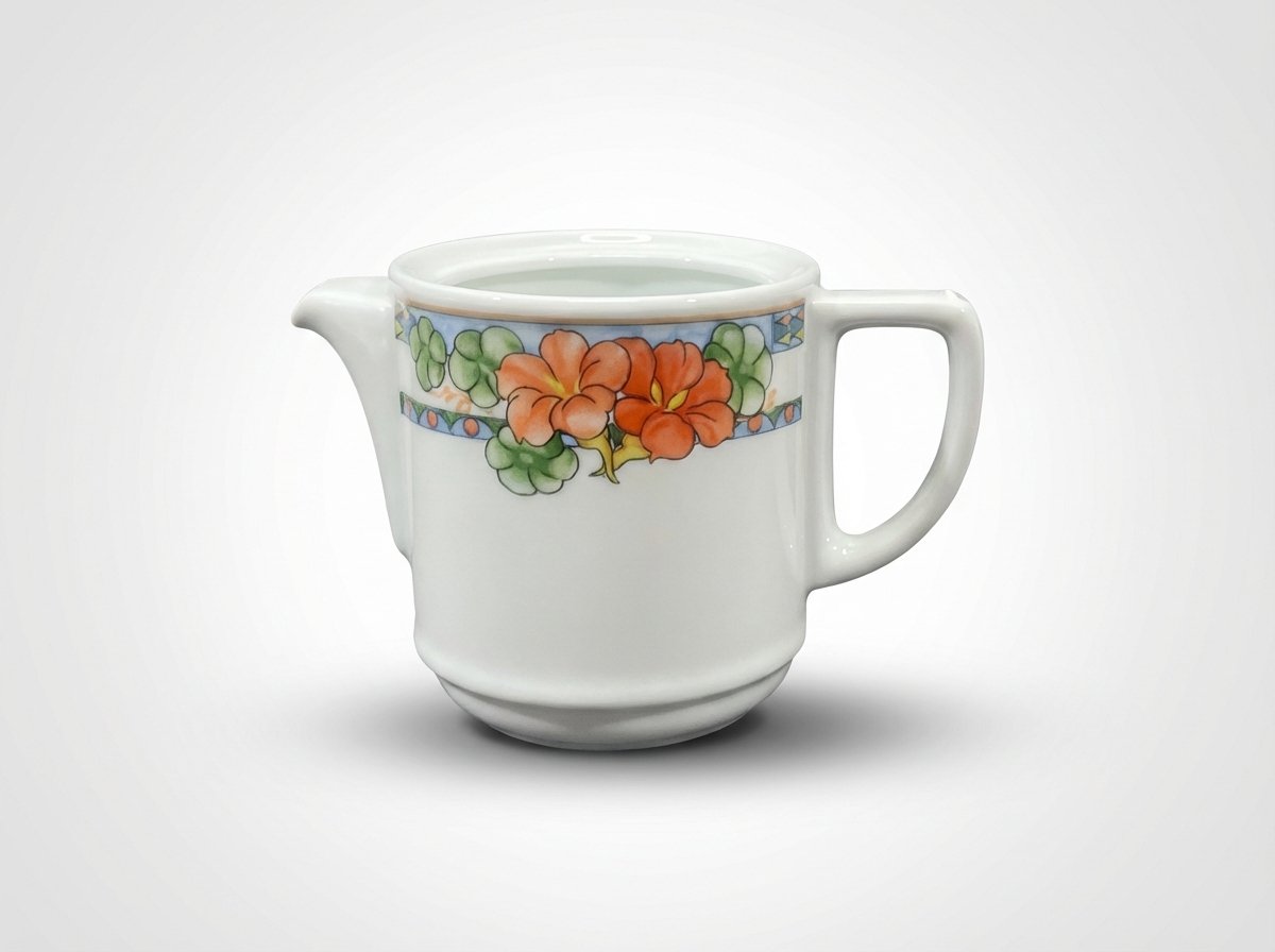 Baltas porcelianinis pieno grietinėlės ąsotėlis 345 ml, dekoruotas oranžinėmis gėlėmis ir žaliais lapais, ant balto fono.