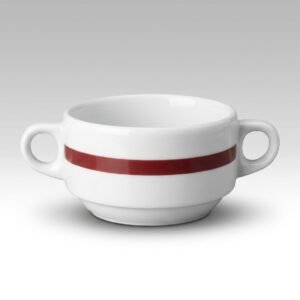 Baltas dubenėlio formos puodelis 260 ml talpos su dviem ąselėmis ir raudona juostele, nufotografuotas ant šviesaus fono.