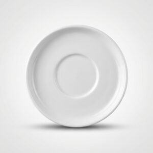 Klasikinio dizaino apvali balta lėkštutė R15 cm, nufotografuota iš viršaus ant šviesaus pagrindo.