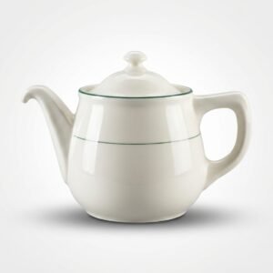 Baltos spalvos klasikinis keraminis arbatinukas 1100 ml su dangteliu ir plona žalia linija aplink korpusą bei dangtelį.
