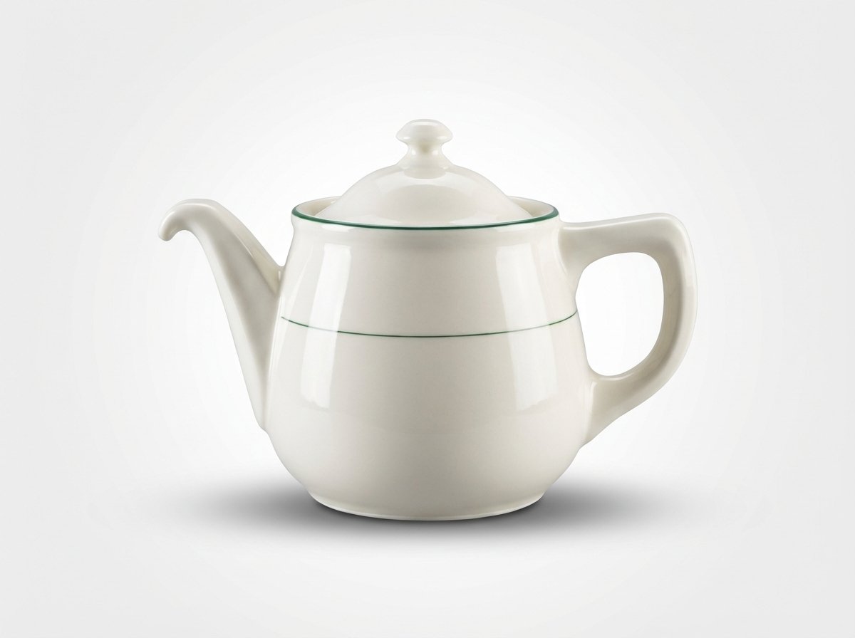 Baltos spalvos klasikinis keraminis arbatinukas 1100 ml su dangteliu ir plona žalia linija aplink korpusą bei dangtelį.