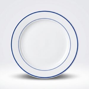 Klasikinio dizaino balta lėkštė 28 cm skersmens su dviem plonomis mėlynomis linijomis ant apvado, nufotografuota iš priekio.
