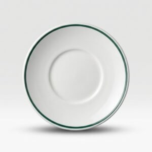 Balta lėkštė 18 cm su plonu žaliu apvadu ant krašto, nufotografuota iš viršaus šviesiame fone.