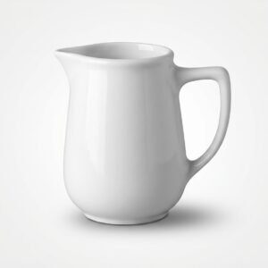 Klasikinės formos baltas 425 ml ąsotėlis pienui ar padažui, nufotografuotas ant balto fono.