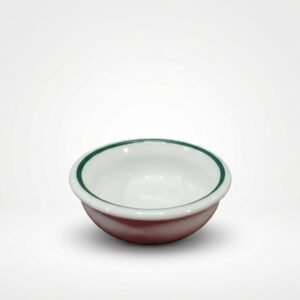 Maža balta keraminė lėkštutė 8 cm dubenėlio formos su žaliu apvadu, stovinti ant balto paviršiaus.