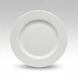 Klasikinio dizaino, apvali balta lėkštė 26 cm su tekstūruotu apvadu, nufotografuota iš viršaus.