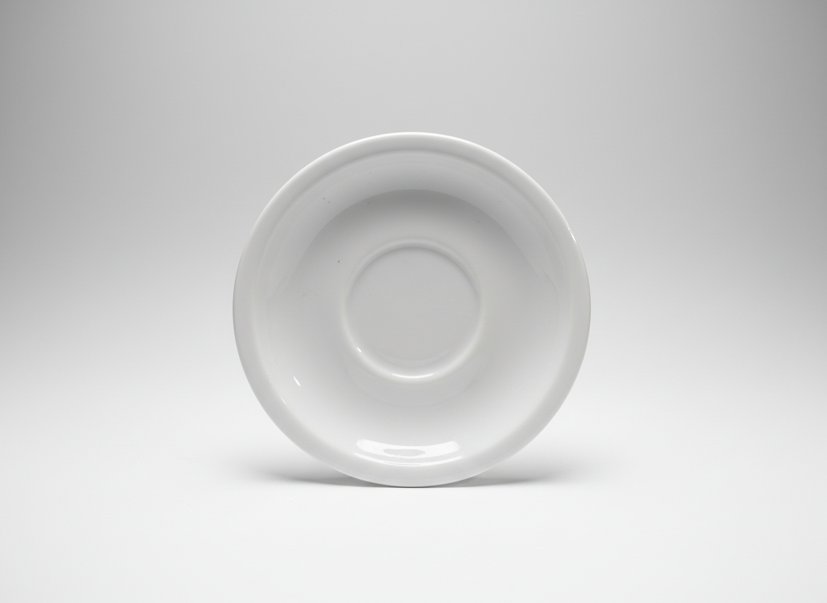 Iš viršaus nufotografuota blizgi, apvali balta lėkštutė 13 cm skersmens, skirta puodeliui, ant neutralaus fono.