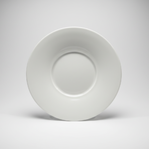 Klasikinio dizaino apvali balta lėkštutė 16 cm, nufotografuota iš priekio ant neutralaus šviesiai pilko fono.