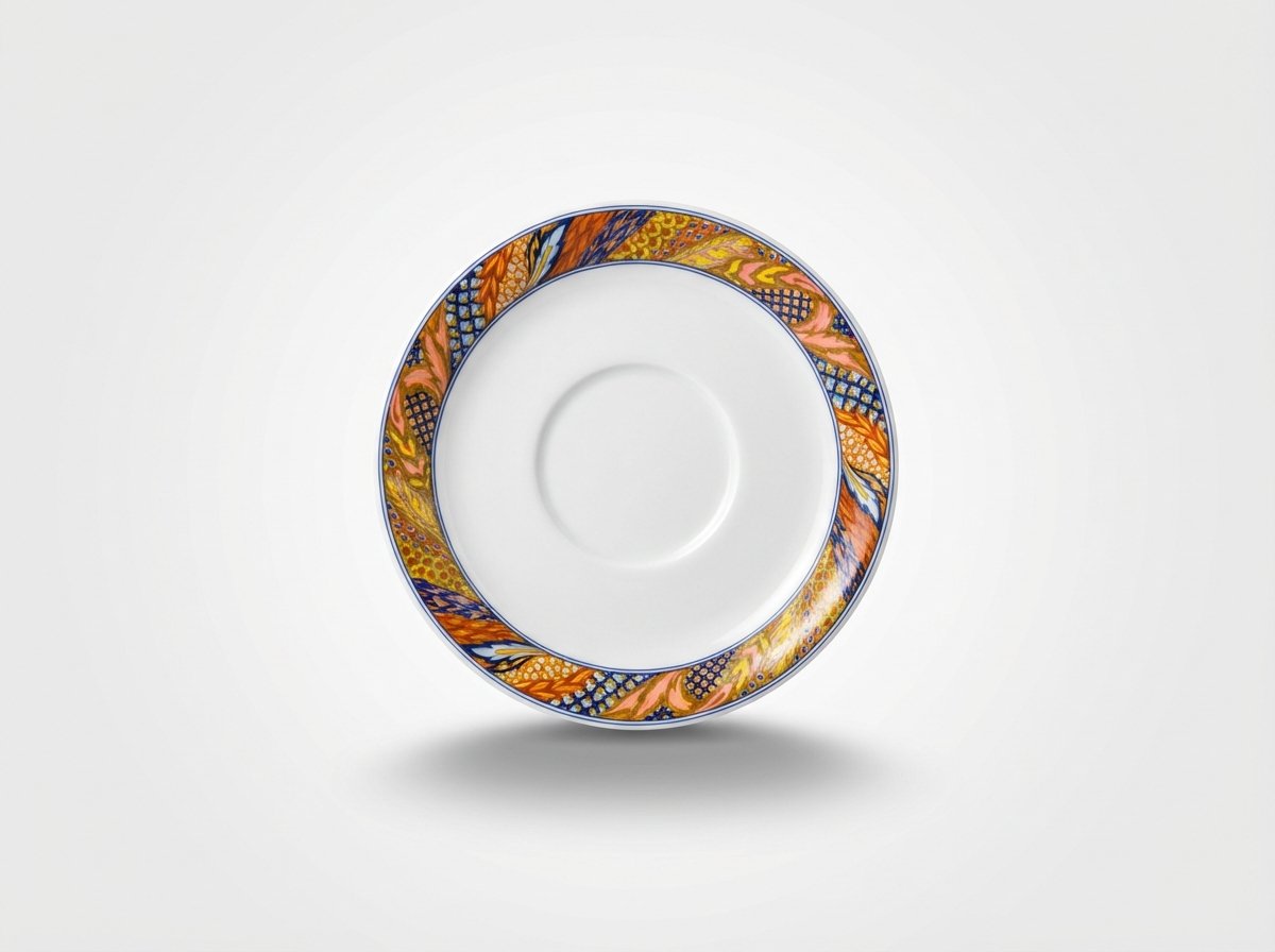 Balto porceliano lėkštutė 12,5 cm su plačiu, spalvingu ornamentuotu kraštu, nufotografuota ant šviesaus fono.