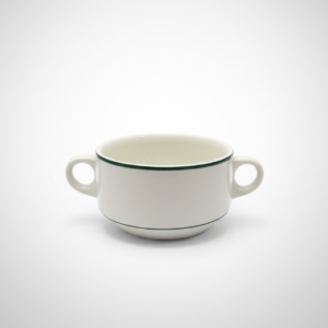 Baltas sriubos puodelis 260 ml su dviem ąselėmis ir žalia juostele, nufotografuotas baltame fone.