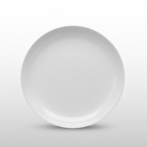 Iš viršaus nufotografuota balta apvali lėkštė 19 cm skersmens, priklausanti indų kategorijai.