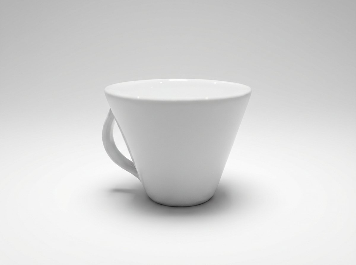 Kūgio formos baltas puodelis 215 ml su nedidele rankenėle, nufotografuotas ant neutralaus šviesaus fono.