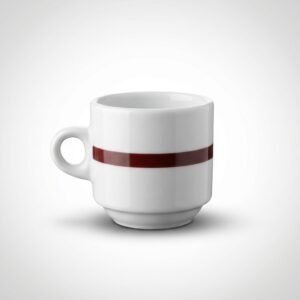 Baltas puodelis 190 ml su viena horizontalia ruda juostele, nufotografuotas ant šviesiai pilko gradiento fono.