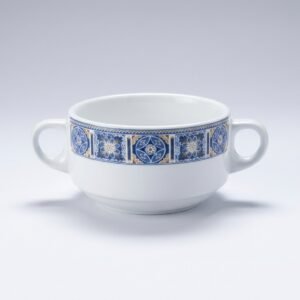 Baltas sriubos dubenėlis 250 ml su mėlynais ir auksiniais raštais bei dviem ąselėmis, nufotografuotas ant šviesaus fono.