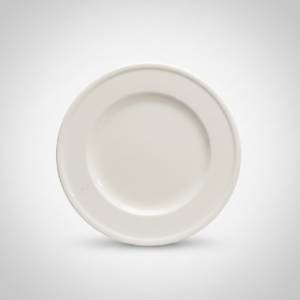 Klasikinio dizaino apvali balta lėkštė 28 cm skersmens, nufotografuota iš viršaus šviesiame fone.