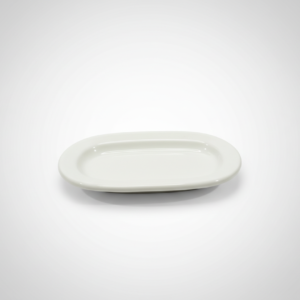 Baltas stačiakampis lėkštelė 14x8 cm su užapvalintais kraštais, nufotografuota ant šviesaus fono.