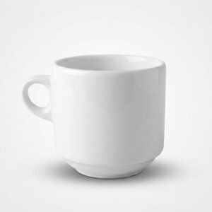 Baltas puodelis 195 ml su nedidele rankenėle, nufotografuotas ant balto fonas iš priekio.