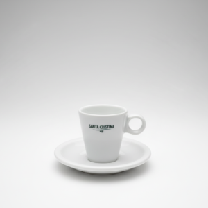 Baltas Santa Cristina espreso puodelio komplektas, kurį sudaro 80 ml talpos puodelis ir lėkštutė, baltame fone.