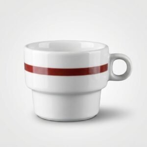 Baltas puodelis 250 ml su ruda juostele per vidurį, nufotografuotas ant neutralaus šviesaus fono.