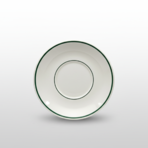 Klasikinio dizaino balta lėkštutė 16 cm su siauru žaliu apvadu ir vidiniu žaliu apskritimu, nufotografuota iš viršaus.